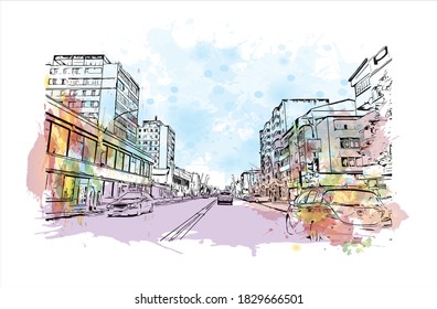 Construir vistas con monumentos de Bacau es la ciudad principal de Rumania. Salto de color de agua con ilustración de esbozo dibujada a mano en vector.