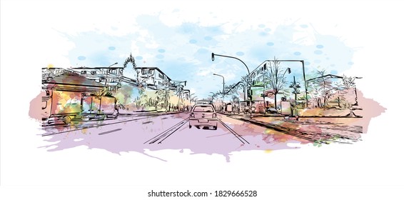 Building view with landmark of Bacau is the main city in Romania. Watercolor splash with hand drawn sketch illustration in vector.
