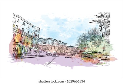 Bacau ist die Hauptstadt von Rumänien. Aquarellspritzer mit handgezeichneter Skizzengrafik in Vektorgrafik.