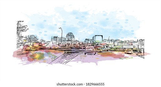Building view with landmark of Bacau is the main city in Romania. Watercolor splash with hand drawn sketch illustration in vector.