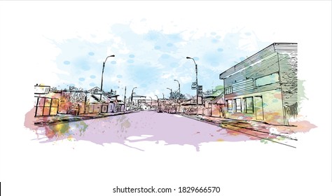 Building view with landmark of Bacau is the main city in Romania. Watercolor splash with hand drawn sketch illustration in vector.