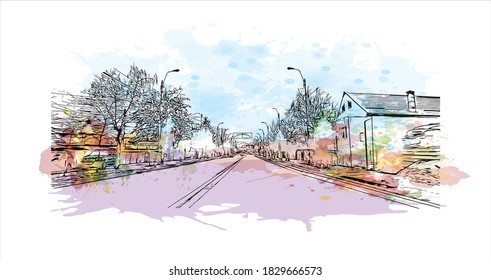 Building view with landmark of Bacau is the main city in Romania. Watercolor splash with hand drawn sketch illustration in vector.