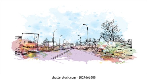 Building view with landmark of Bacau is the main city in Romania. Watercolor splash with hand drawn sketch illustration in vector.