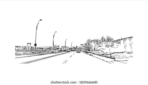 Building view with landmark of Bacau is the main city in Romania. Hand drawn sketch illustration in vector.