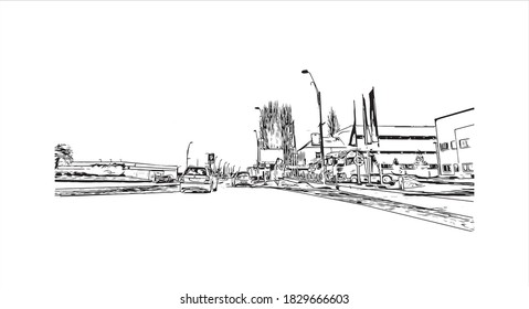 Construir vistas con monumentos de Bacau es la ciudad principal de Rumania. Dibujo a mano de ilustración de esbozo en vector.