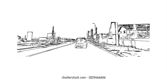 Building view with landmark of Bacau is the main city in Romania. Hand drawn sketch illustration in vector.