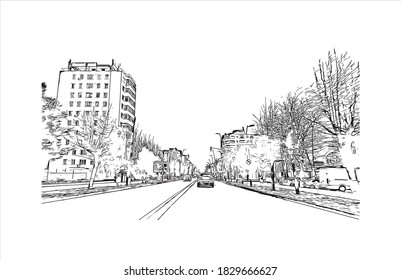 Building view with landmark of Bacau is the main city in Romania. Hand drawn sketch illustration in vector.