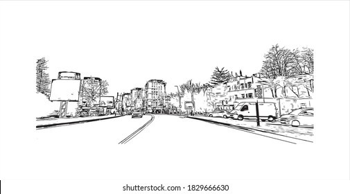 Building view with landmark of Bacau is the main city in Romania. Hand drawn sketch illustration in vector.