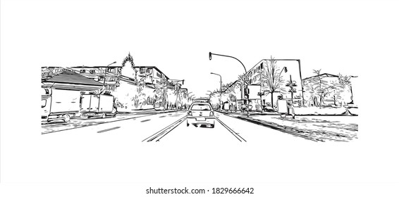Building view with landmark of Bacau is the main city in Romania. Hand drawn sketch illustration in vector.