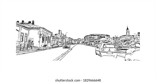 Construir vistas con monumentos de Bacau es la ciudad principal de Rumania. Dibujo a mano de ilustración de esbozo en vector.