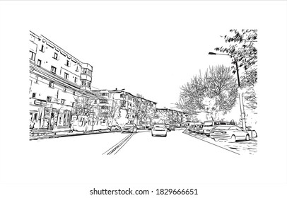 Building view with landmark of Bacau is the main city in Romania. Hand drawn sketch illustration in vector.