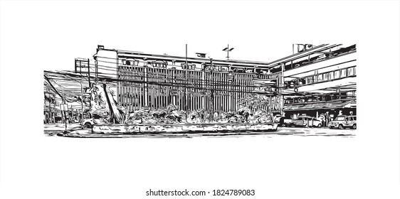 Building view with landmark of Bacolod is a city on the northwest coast of Negros Island in the Philippines. Hand drawn sketch illustration in vector.
