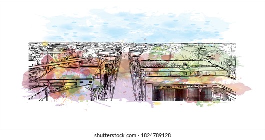 Building view with landmark of Bacolod is a city on the northwest coast of Negros Island in the Philippines. Watercolor splash with hand drawn sketch illustration in vector.