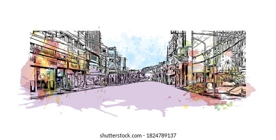 Building view with landmark of Bacolod is a city on the northwest coast of Negros Island in the Philippines. Watercolor splash with hand drawn sketch illustration in vector.