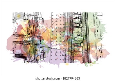 Building view with landmark of Bacoor is a city of Philippines. Watercolor splash with hand drawn sketch illustration in vector.