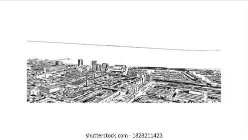 Building view with landmark of Badalona is a municipality to the immediate north east of Barcelona in Spain. Hand drawn sketch illustration in vector.