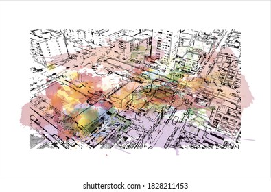 Building view with landmark of Badalona is a municipality to the immediate north east of Barcelona in Spain. Watercolor splash with hand drawn sketch illustration in vector.