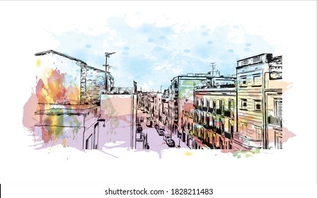 Building view with landmark of Badalona is a municipality to the immediate north east of Barcelona in Spain. Watercolor splash with hand drawn sketch illustration in vector.