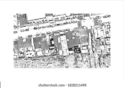 Building view with landmark of Badalona is a municipality to the immediate north east of Barcelona in Spain. Hand drawn sketch illustration in vector.