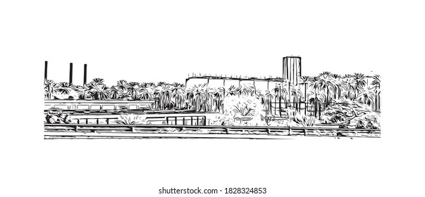 Building view with landmark of Baghdad is the capital of Iraq and one of the largest cities in the Arab world. Hand drawn sketch illustration in vector.