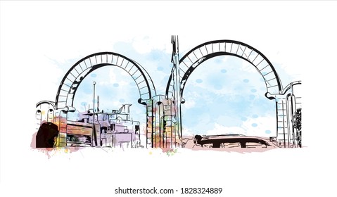 Building view with landmark of Baghdad is the capital of Iraq and one of the largest cities in the Arab world. Watercolor splash with hand drawn sketch illustration in vector.