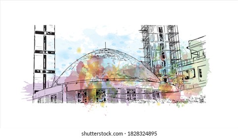 Building View With Landmark Of Baghdad Is The Capital Of Iraq And One Of The Largest Cities In The Arab World. Watercolor Splash With Hand Drawn Sketch Illustration In Vector.