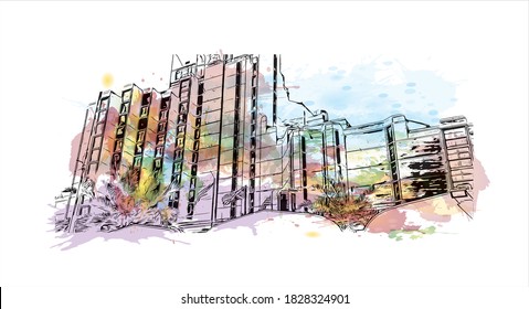 Building view with landmark of Baghdad is the capital of Iraq and one of the largest cities in the Arab world. Watercolor splash with hand drawn sketch illustration in vector.