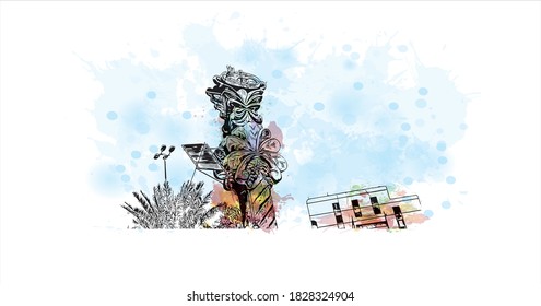 Building View With Landmark Of Baghdad Is The Capital Of Iraq And One Of The Largest Cities In The Arab World. Watercolor Splash With Hand Drawn Sketch Illustration In Vector.