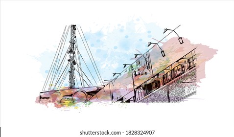 Building view with landmark of Baghdad is the capital of Iraq and one of the largest cities in the Arab world. Watercolor splash with hand drawn sketch illustration in vector.