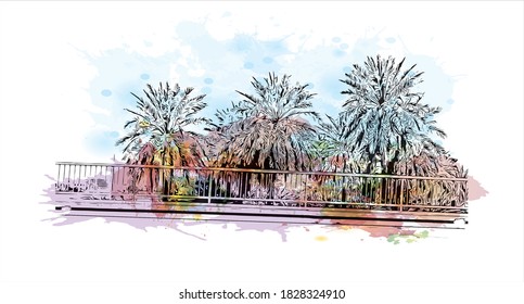 Building view with landmark of Baghdad is the capital of Iraq and one of the largest cities in the Arab world. Watercolor splash with hand drawn sketch illustration in vector.