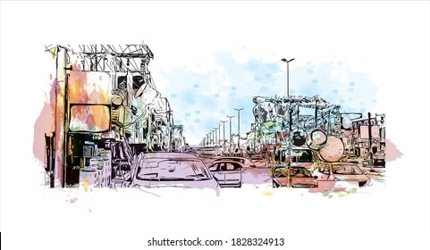 Building View With Landmark Of Baghdad Is The Capital Of Iraq And One Of The Largest Cities In The Arab World. Watercolor Splash With Hand Drawn Sketch Illustration In Vector.