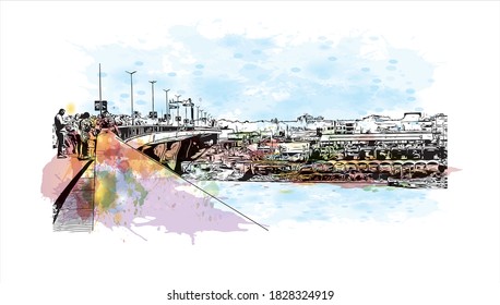 Building View With Landmark Of Baghdad Is The Capital Of Iraq And One Of The Largest Cities In The Arab World. Watercolor Splash With Hand Drawn Sketch Illustration In Vector.