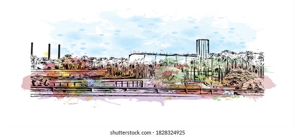 Building View With Landmark Of Baghdad Is The Capital Of Iraq And One Of The Largest Cities In The Arab World. Watercolor Splash With Hand Drawn Sketch Illustration In Vector.