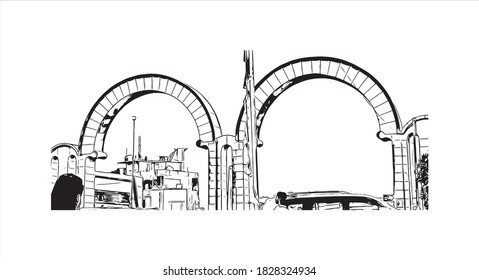 Building view with landmark of Baghdad is the capital of Iraq and one of the largest cities in the Arab world. Hand drawn sketch illustration in vector.