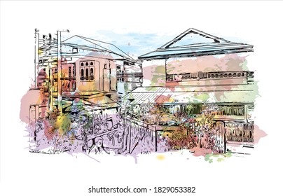 Building view with landmark of Bago is a city and the capital of the Bago Region in Myanmar. Watercolor splash with hand drawn sketch illustration in vector.