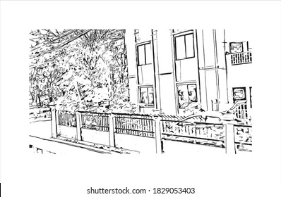 Building view with landmark of Bago is a city and the capital of the Bago Region in Myanmar. Hand drawn sketch illustration in vector.