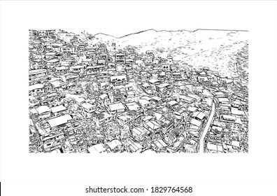 Building view with landmark of Baguio officially the City of Baguio. Hand drawn sketch illustration in vector.