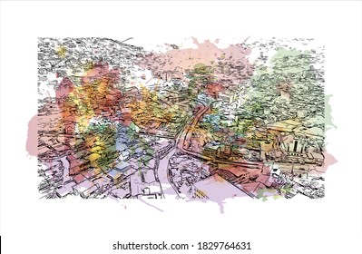 Building view with landmark of Baguio officially the City of Baguio. Watercolor splash with  Hand drawn sketch illustration in vector.