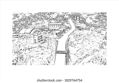 Building view with landmark of Baguio officially the City of Baguio. Hand drawn sketch illustration in vector.