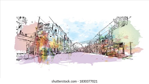 Building view with landmark of Bahadurgarh a district in the state of Haryana, India. Watercolor splash with hand drawn sketch illustration in vector.