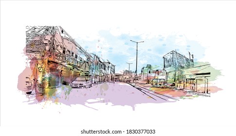 Building view with landmark of Bahadurgarh a district in the state of Haryana, India. Watercolor splash with hand drawn sketch illustration in vector.
