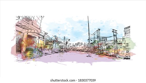 Building view with landmark of Bahadurgarh a district in the state of Haryana, India. Watercolor splash with hand drawn sketch illustration in vector.