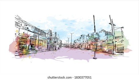 Building view with landmark of Bahadurgarh a district in the state of Haryana, India. Watercolor splash with hand drawn sketch illustration in vector.