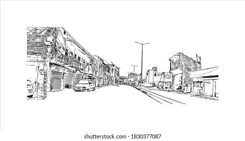 Building view with landmark of Bahadurgarh a district in the state of Haryana, India. Hand drawn sketch illustration in vector. 