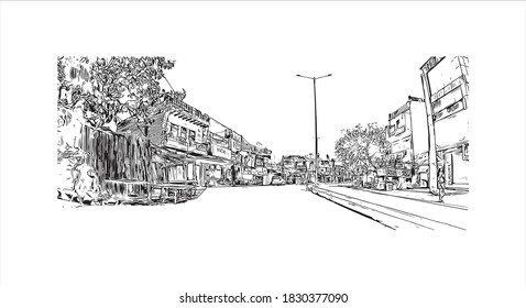 Building view with landmark of Bahadurgarh a district in the state of Haryana, India. Hand drawn sketch illustration in vector. 