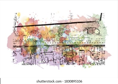 Building view with landmark of Bahawalpur is the largest city in Pakistan. Watercolor splash with hand drawn sketch illustration in vector.