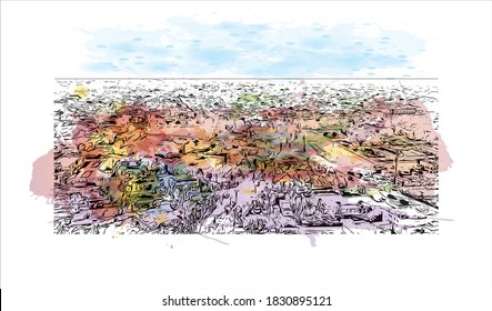 Building view with landmark of Bahawalpur is the largest city in Pakistan. Watercolor splash with hand drawn sketch illustration in vector.