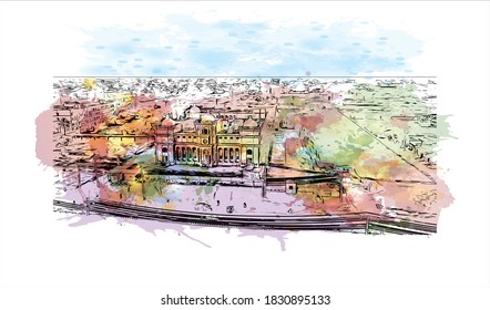 Building view with landmark of Bahawalpur is the largest city in Pakistan. Watercolor splash with hand drawn sketch illustration in vector.