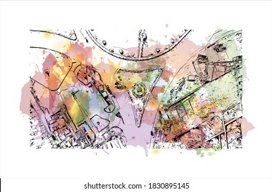 Building view with landmark of Bahawalpur is the largest city in Pakistan. Watercolor splash with hand drawn sketch illustration in vector. svg