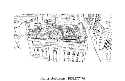 Building view with landmark of Bahia Blanca is a city in the southwest of the Argentina. Hand drawn sketch illustration in vector.